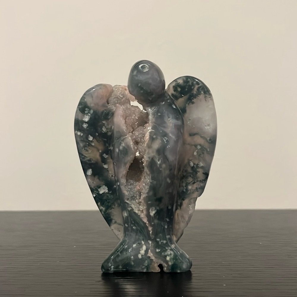 Moss Agate Druzy Angel Carving